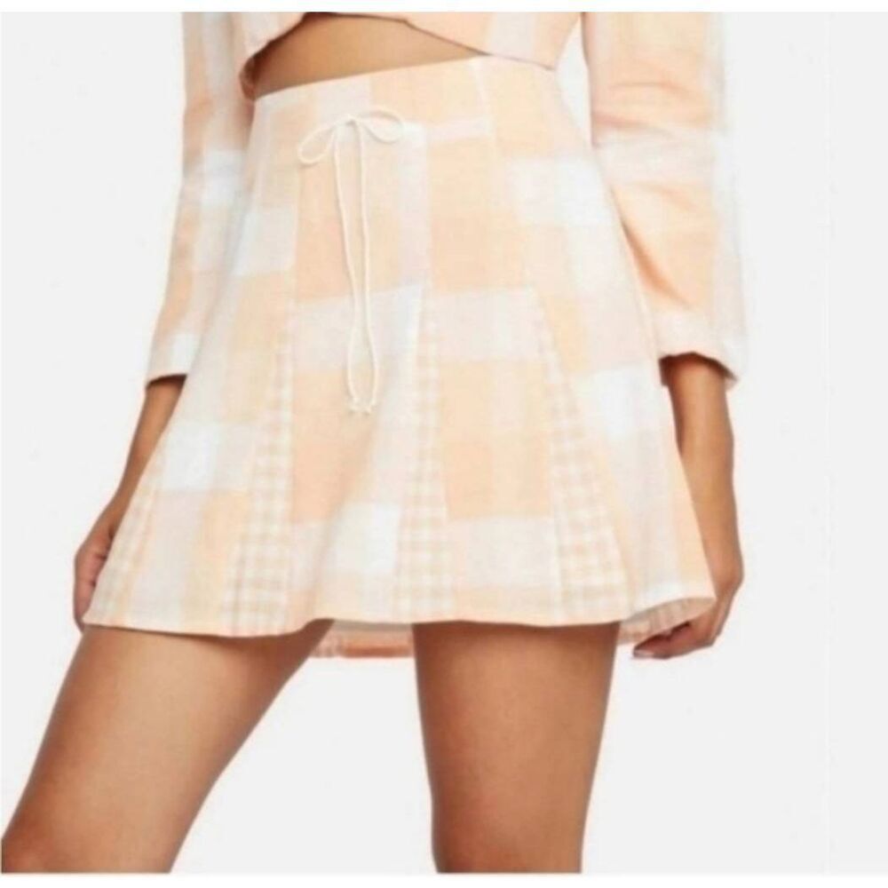 For Love & lemons womens Sz XL light orange linen blend Eugenie plaid mini skirt
